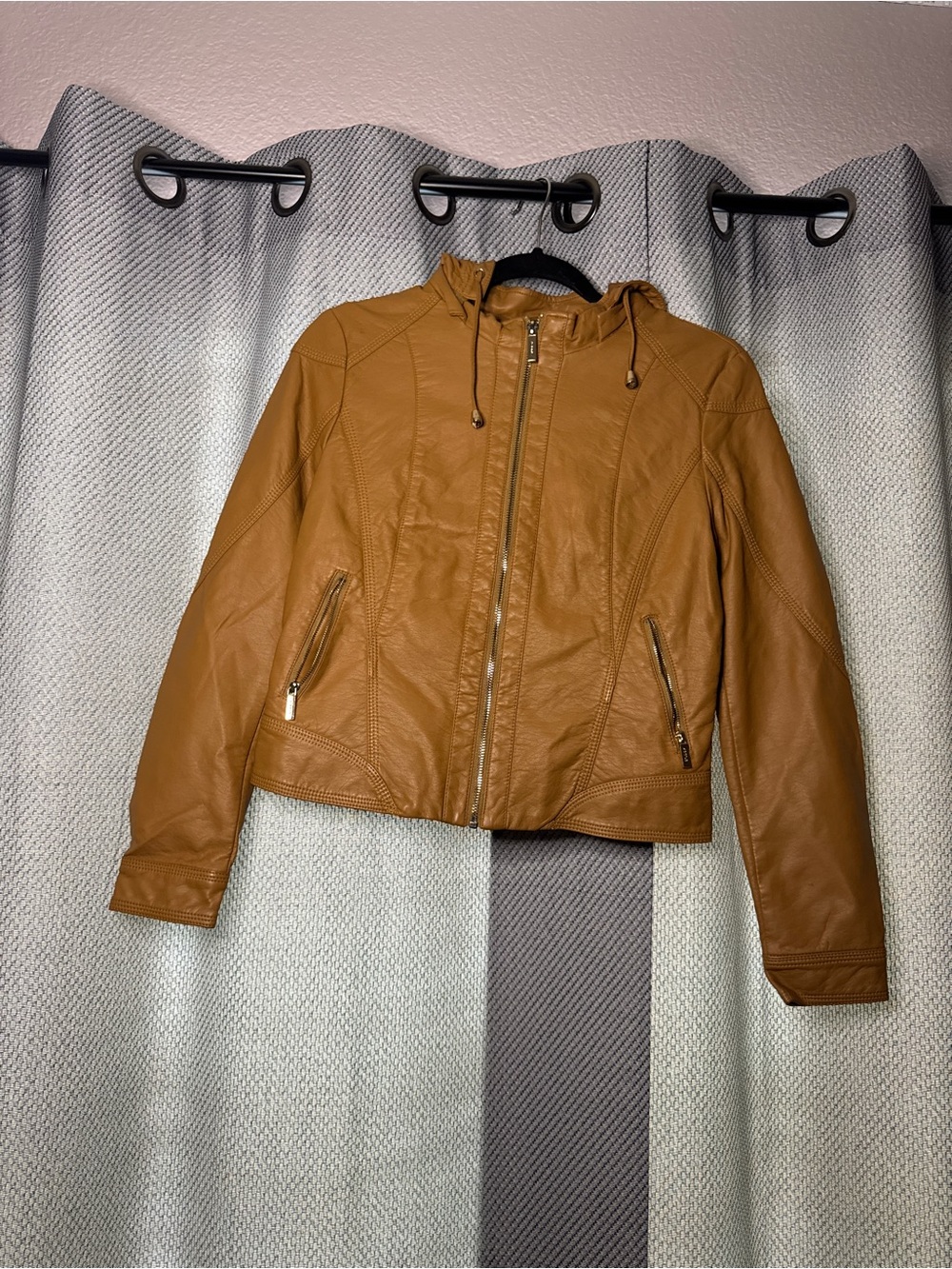 Brown Faux Leather Jacket with Hood